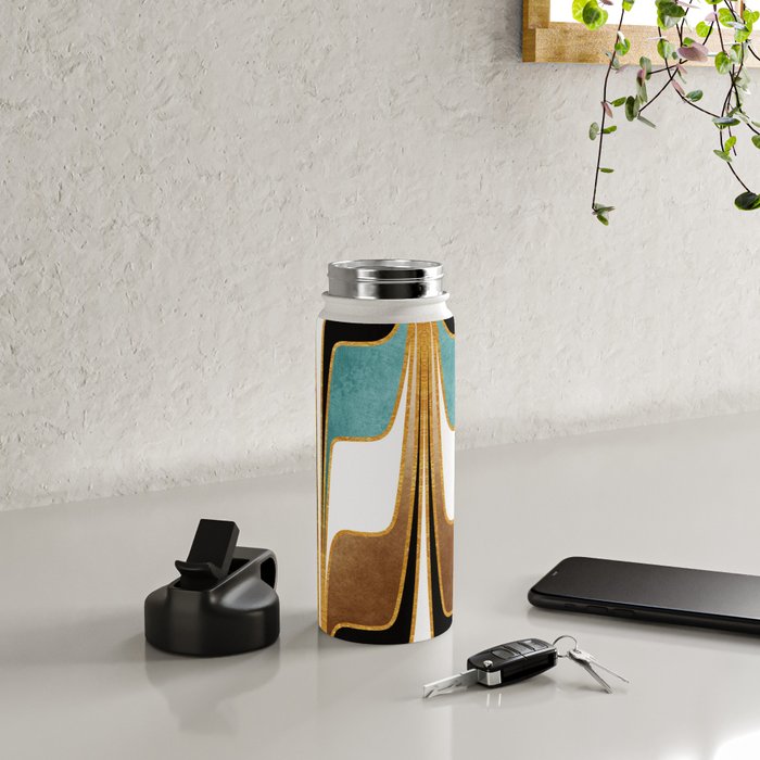 Mid Century Modern Liquid Watercolor Abstract / Faux Gold, Ocean Blue Teal, Brown, Black, White/ V1 Water Bottle Gallery Image 4
