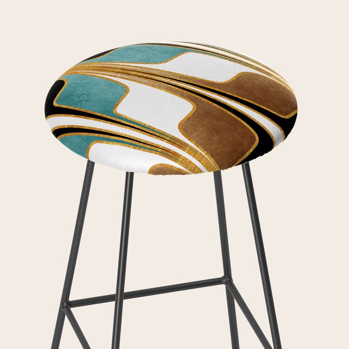 Mid Century Modern Liquid Watercolor Abstract / Faux Gold, Ocean Blue Teal, Brown, Black, White/ V1 Stool Gallery Image 2