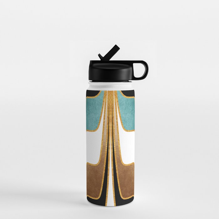 Mid Century Modern Liquid Watercolor Abstract / Faux Gold, Ocean Blue Teal, Brown, Black, White/ V1 Water Bottle