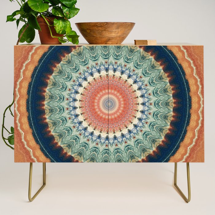 Dark Indigo Blue Orange Mandala Credenza Gallery Image 1