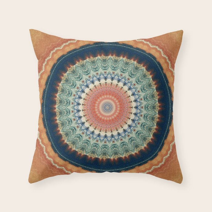 Dark Indigo Blue Orange Mandala Throw Pillow