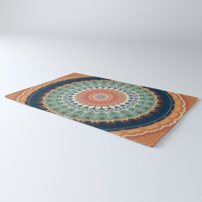Dark Indigo Blue Orange Mandala Rug Gallery Image 3