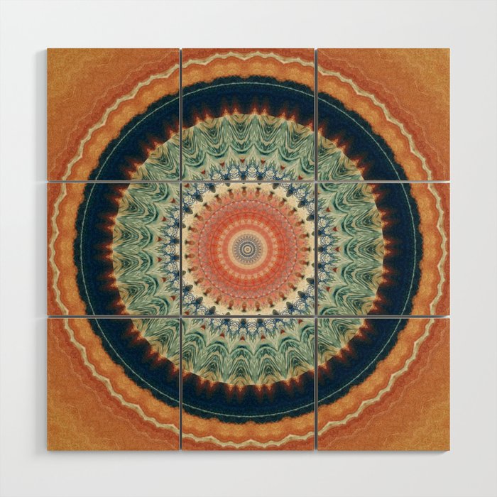 Dark Indigo Blue Orange Mandala Wood Wall Art Gallery Image 1