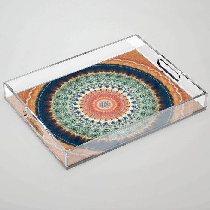 Dark Indigo Blue Orange Mandala Acrylic Tray Gallery Image 1