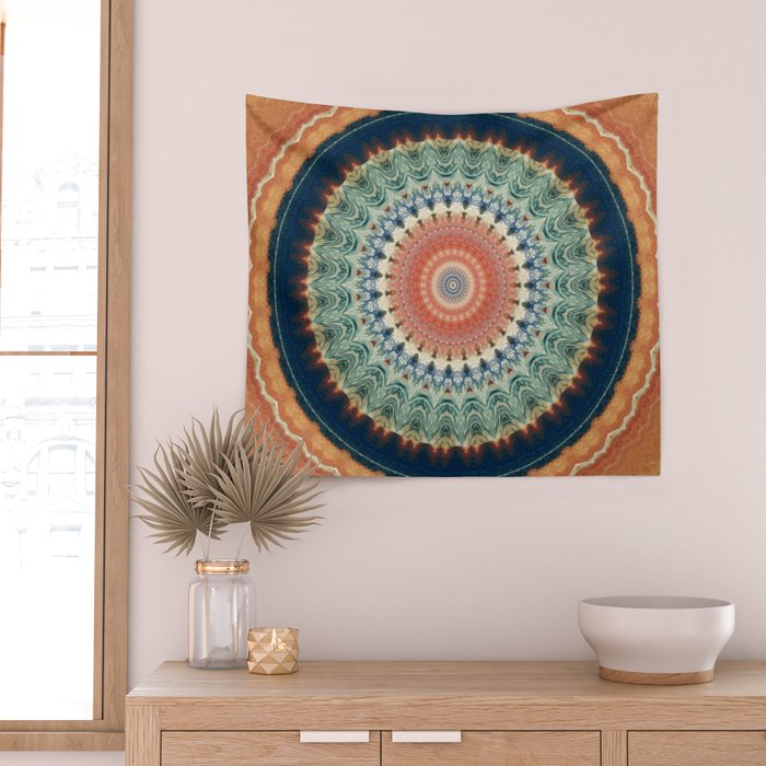 Dark Indigo Blue Orange Mandala Wall Tapestry Gallery Image 2