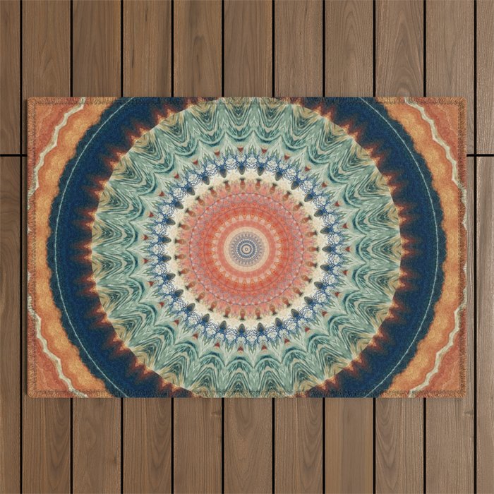 Dark Indigo Blue Orange Mandala Outdoor Rug Gallery Image 1