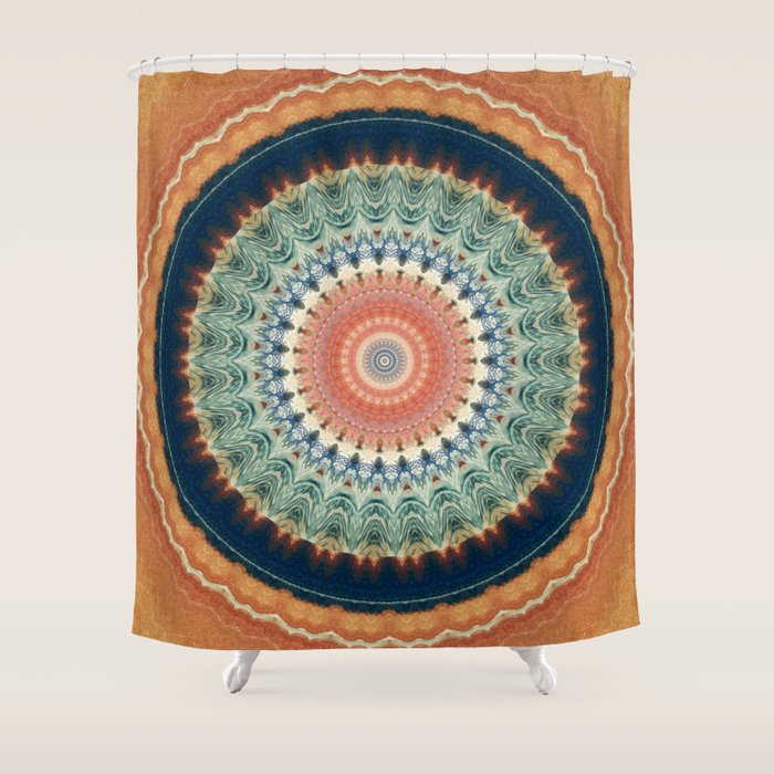 Dark Indigo Blue Orange Mandala Shower Curtain Gallery Image 1