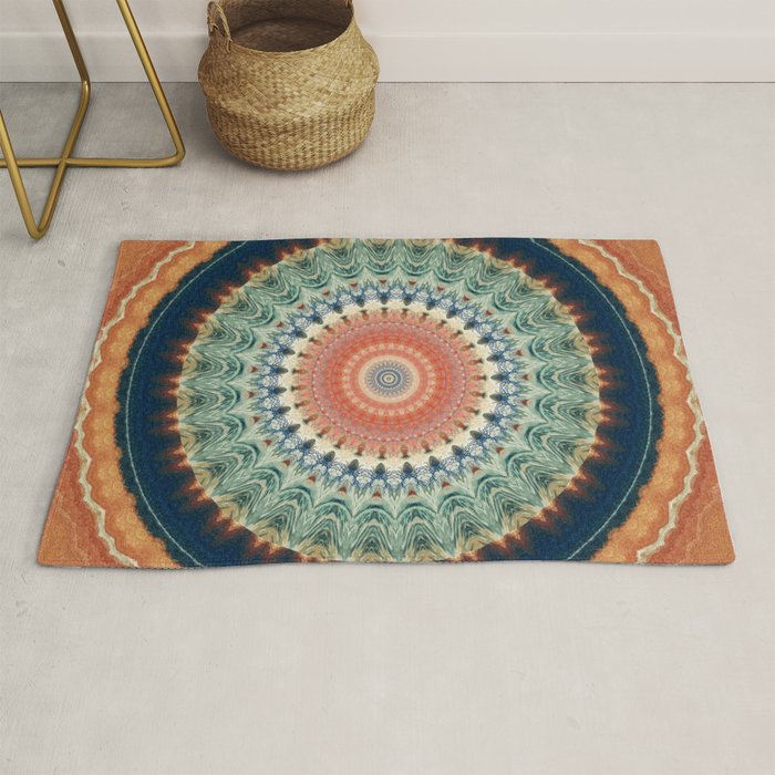 Dark Indigo Blue Orange Mandala Rug Gallery Image 1