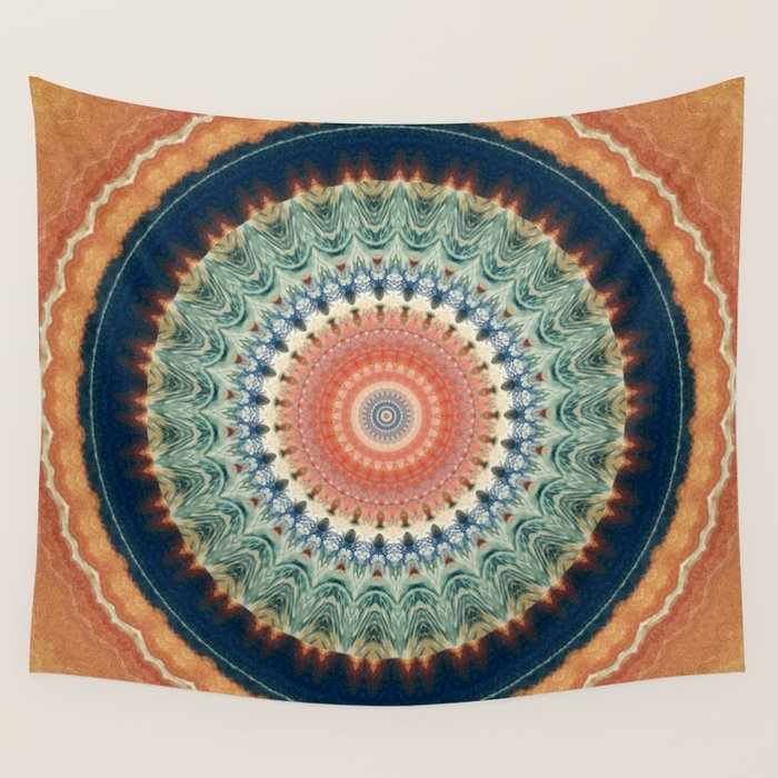 Dark Indigo Blue Orange Mandala Wall Tapestry Gallery Image 1