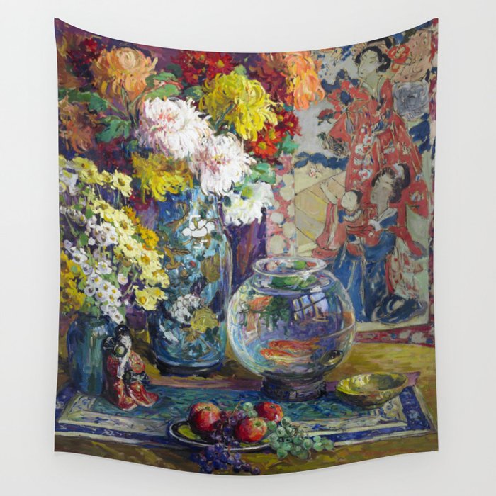 Fish, Fruits, and Flowers (c.1923) painting in high resolution by Kathryn E. Cherry.  Wall Tapestry Gallery Image 4