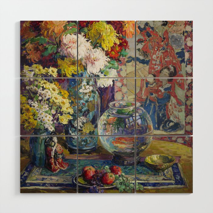 Fish, Fruits, and Flowers (c.1923) painting in high resolution by Kathryn E. Cherry.  Wood Wall Art Gallery Image 1
