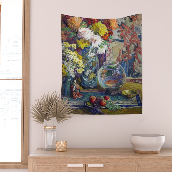 Fish, Fruits, and Flowers (c.1923) painting in high resolution by Kathryn E. Cherry.  Wall Tapestry Gallery Image 2