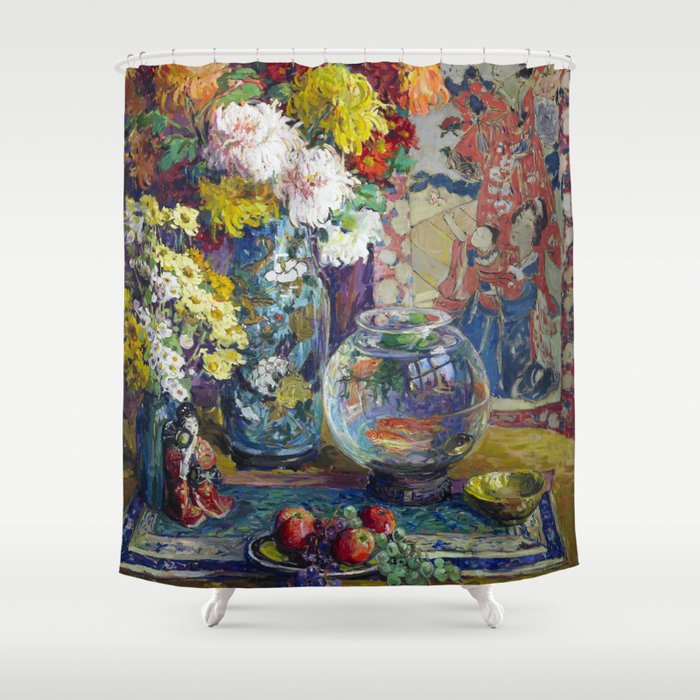 Fish, Fruits, and Flowers (c.1923) painting in high resolution by Kathryn E. Cherry.  Shower Curtain Gallery Image 1