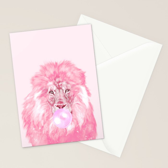 Lion Chewing Bubble Gum in Pink Stationery Card Gallery Image 2