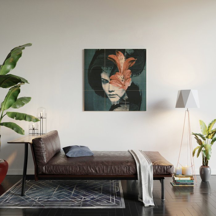 Red Flowers/Lady Portrait Wood Wall Art Gallery Image 2