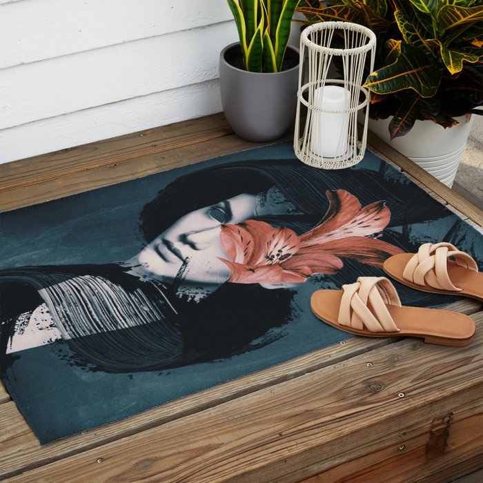 Red Flowers/Lady Portrait Outdoor Rug Gallery Image 2