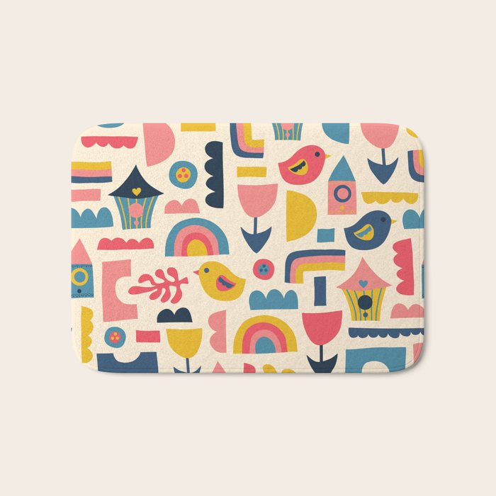 Scandinavian Birds Flowers Rainbows Kids Pattern Bath Mat Gallery Image 1