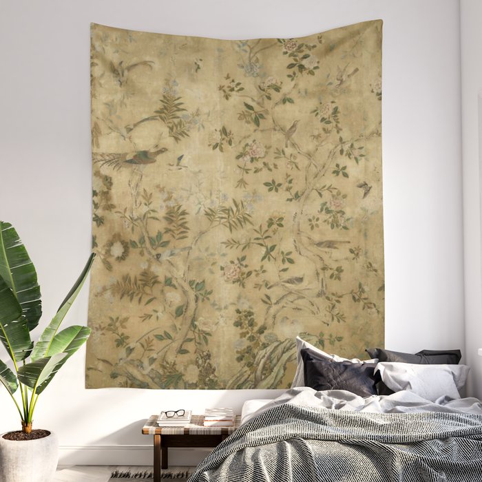 Antique 18th Century Chinoiserie Golden Garden Fresco 1740 Wall Tapestry Gallery Image 2