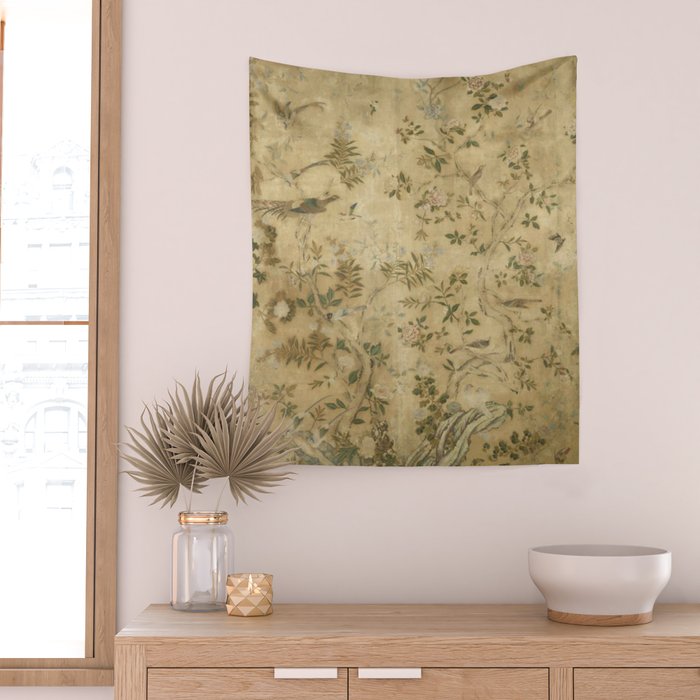 Antique 18th Century Chinoiserie Golden Garden Fresco 1740 Wall Tapestry Gallery Image 2