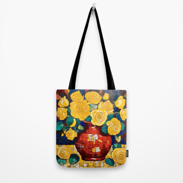 Klimt Style Yellow Roses in Red Vase Tote Bag Gallery Image 2