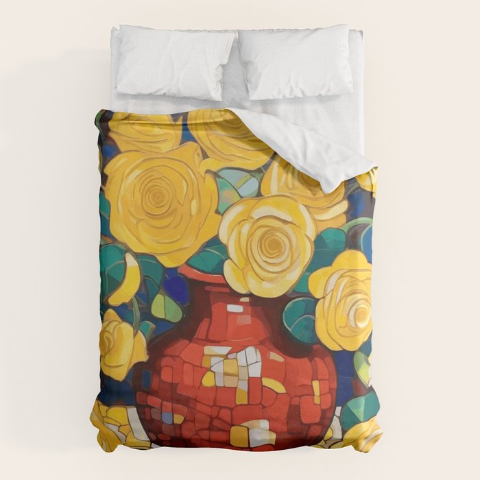 Klimt Style Yellow Roses in Red Vase Duvet Cover Gallery Image 6