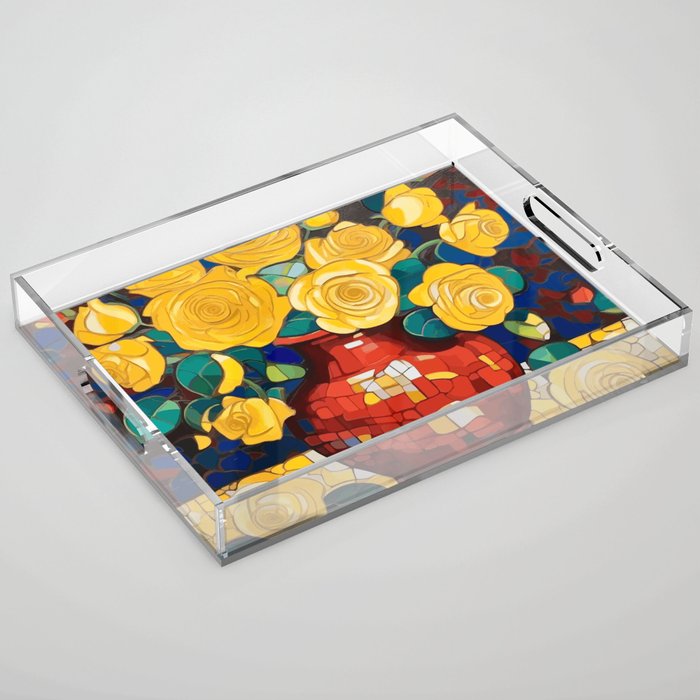 Klimt Style Yellow Roses in Red Vase Acrylic Tray Gallery Image 1