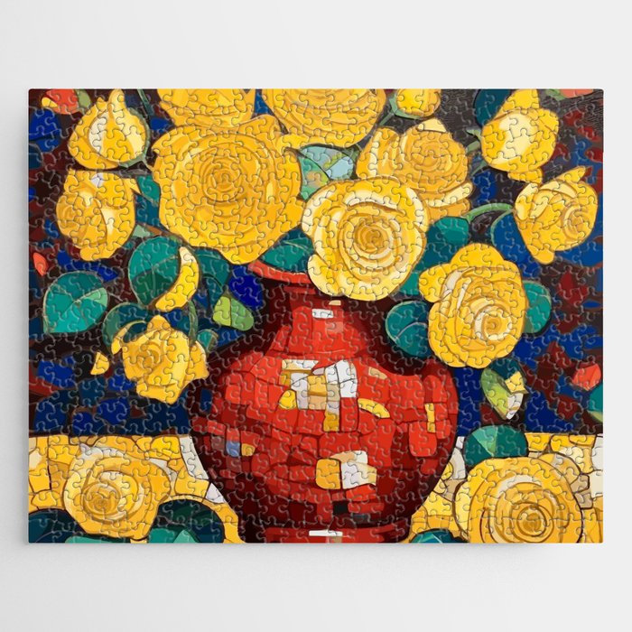 Klimt Style Yellow Roses in Red Vase Jigsaw Puzzle Gallery Image 1