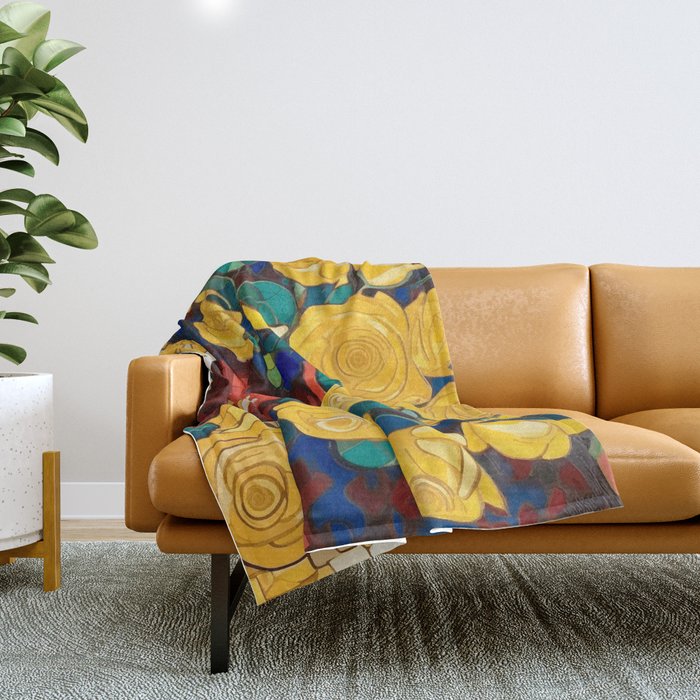 Klimt Style Yellow Roses in Red Vase Throw Blanket Gallery Image 1