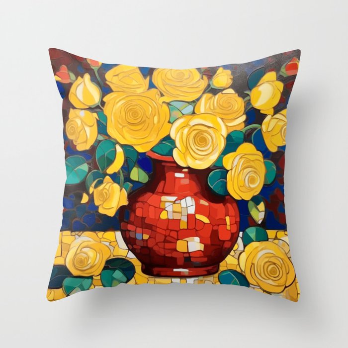 Klimt Style Yellow Roses in Red Vase Throw Pillow Gallery Image 1