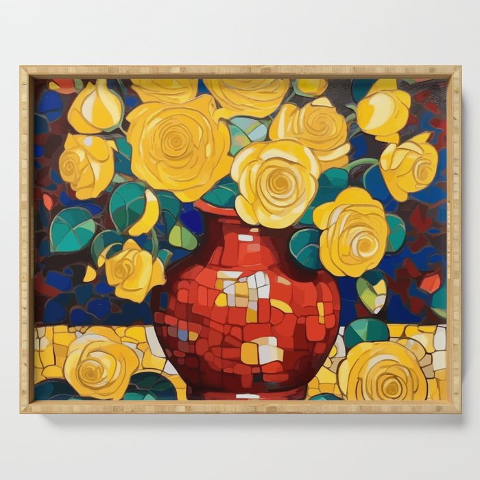 Klimt Style Yellow Roses in Red Vase Serving Tray Gallery Image 1