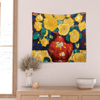Klimt Style Yellow Roses in Red Vase Wall Tapestry Gallery Image 2