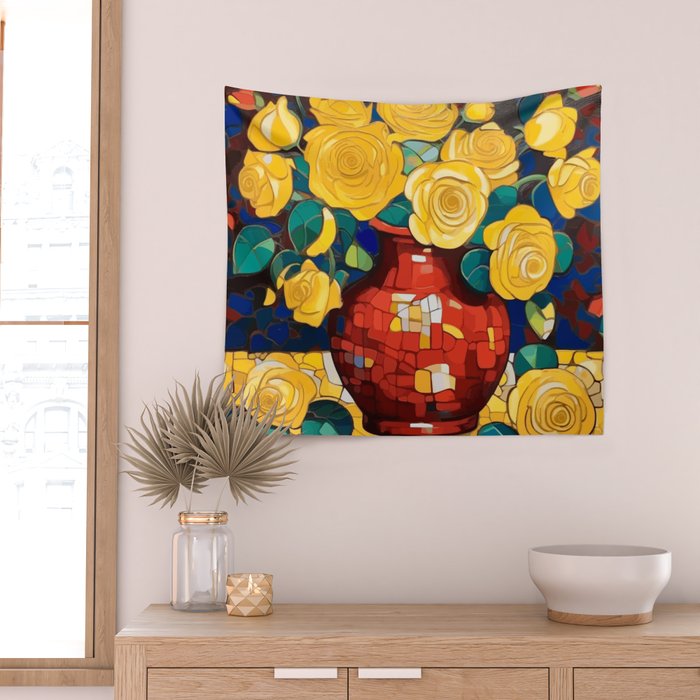 Klimt Style Yellow Roses in Red Vase Wall Tapestry Gallery Image 2