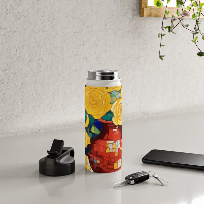 Klimt Style Yellow Roses in Red Vase Water Bottle Gallery Image 4