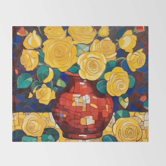 Klimt Style Yellow Roses in Red Vase Throw Blanket Gallery Image 2
