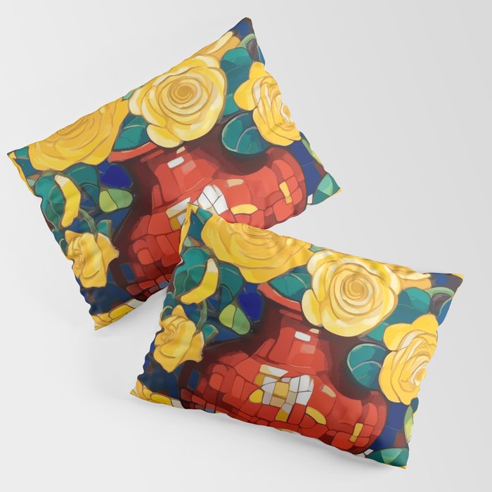 Klimt Style Yellow Roses in Red Vase Pillow Sham Gallery Image 3