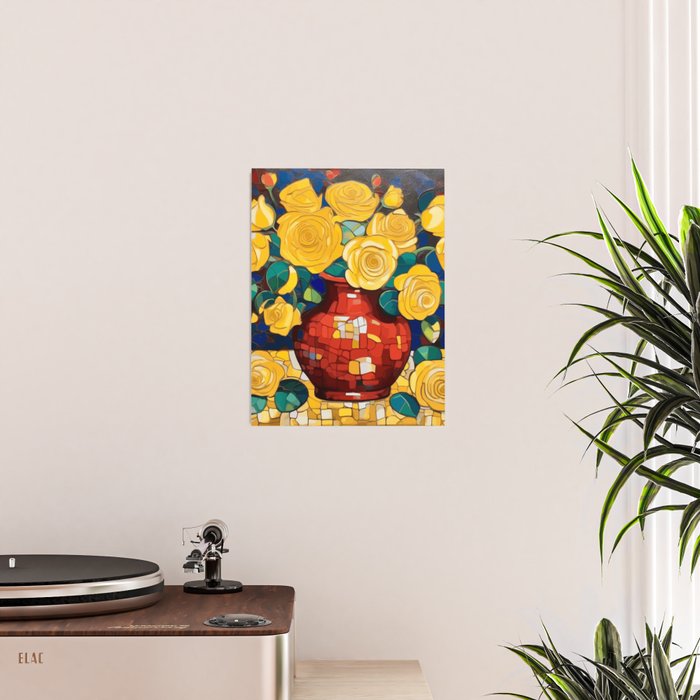 Klimt Style Yellow Roses in Red Vase Poster Gallery Image 2
