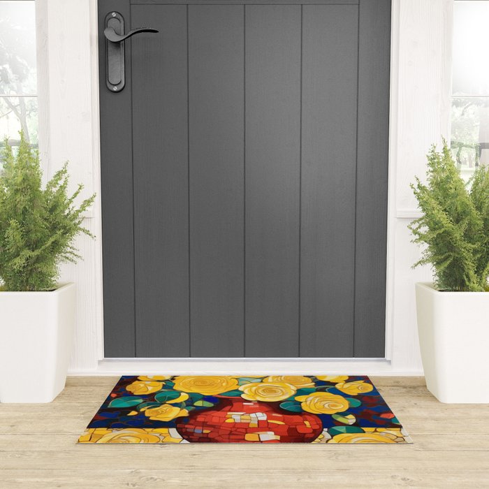 Klimt Style Yellow Roses in Red Vase Welcome Mat Gallery Image 3