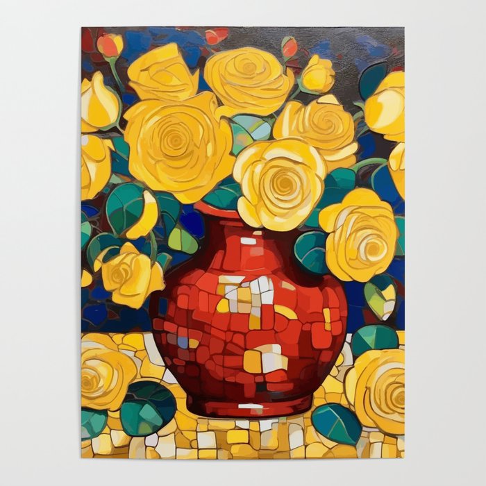 Klimt Style Yellow Roses in Red Vase Poster Gallery Image 1