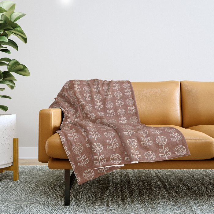 block print floral - clay Throw Blanket Gallery Image 1