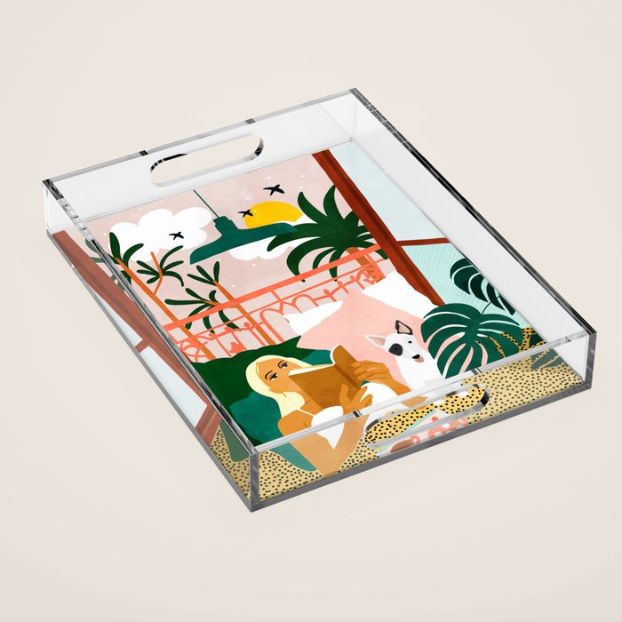 Pet Pals, Animals Lovers Illustration, Travel With Pets Modern Bohemian Painting Acrylic Tray Gallery Image 1