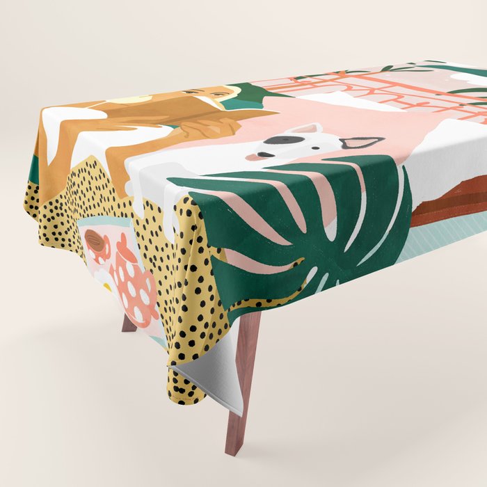 Pet Pals, Animals Lovers Illustration, Travel With Pets Modern Bohemian Painting Tablecloth Gallery Image 1