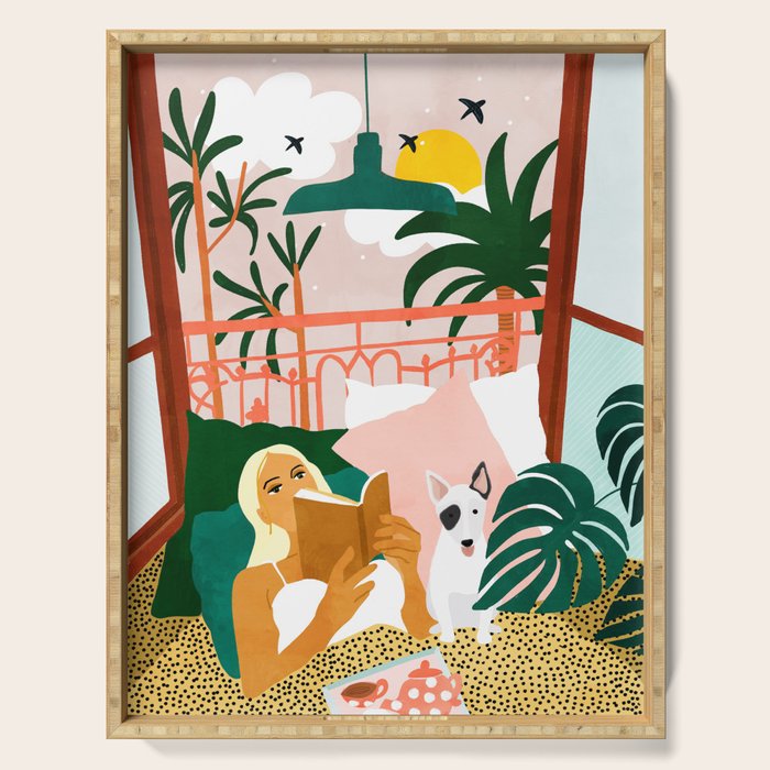 Pet Pals, Animals Lovers Illustration, Travel With Pets Modern Bohemian Painting Serving Tray Gallery Image 1