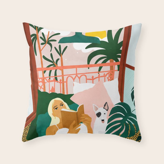 Pet Pals, Animals Lovers Illustration, Travel With Pets Modern Bohemian Painting Throw Pillow Gallery Image 1