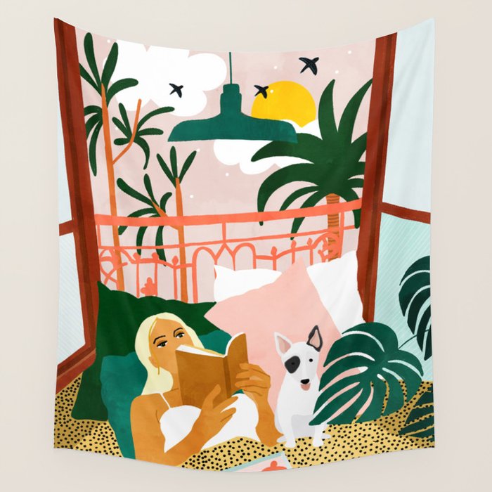 Pet Pals, Animals Lovers Illustration, Travel With Pets Modern Bohemian Painting Wall Tapestry Gallery Image 1