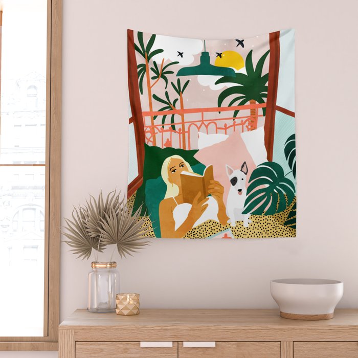 Pet Pals, Animals Lovers Illustration, Travel With Pets Modern Bohemian Painting Wall Tapestry Gallery Image 2