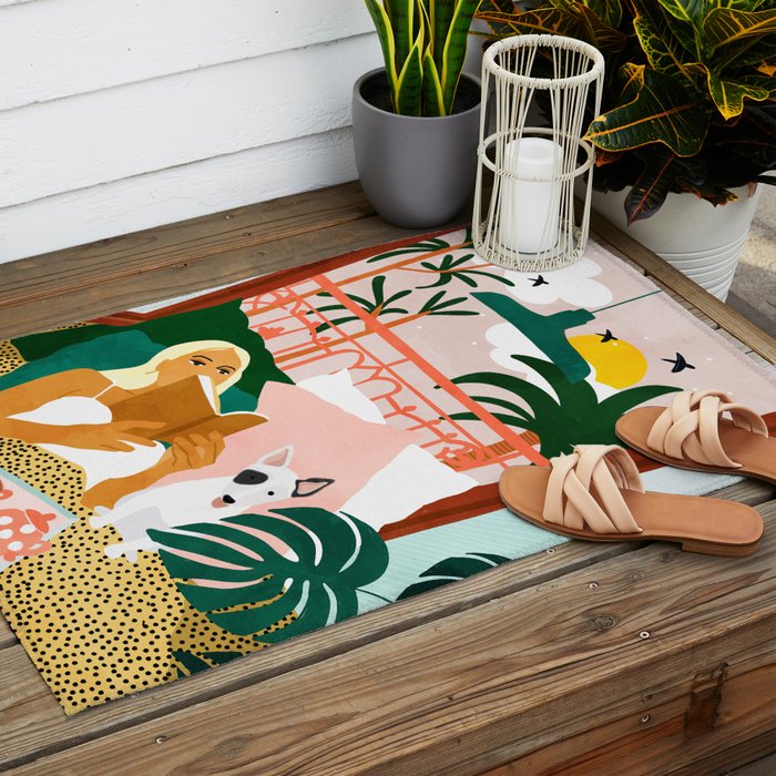 Pet Pals, Animals Lovers Illustration, Travel With Pets Modern Bohemian Painting Outdoor Rug Gallery Image 2