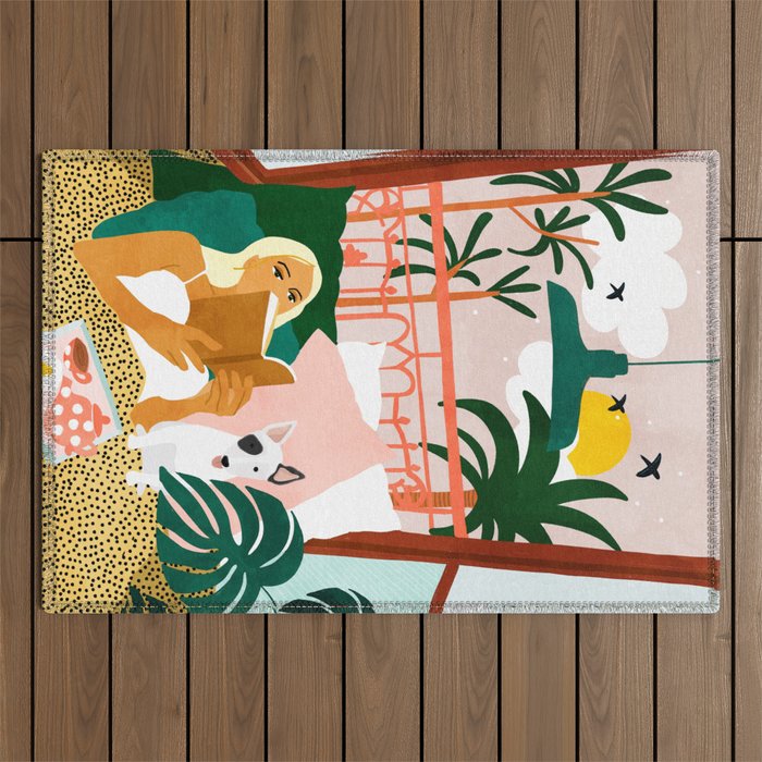 Pet Pals, Animals Lovers Illustration, Travel With Pets Modern Bohemian Painting Outdoor Rug Gallery Image 1