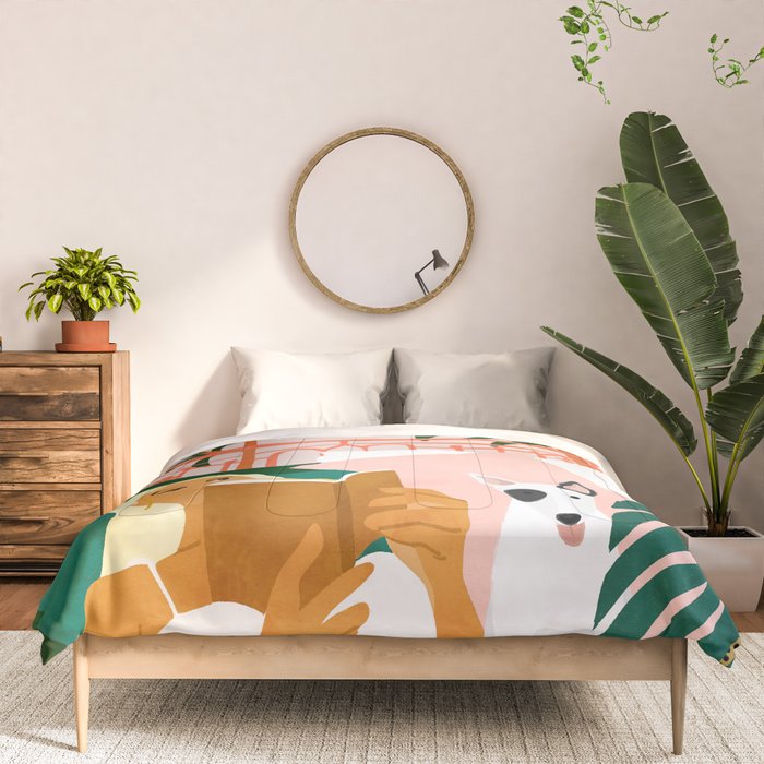 Pet Pals, Animals Lovers Illustration, Travel With Pets Modern Bohemian Painting Comforter Gallery Image 3