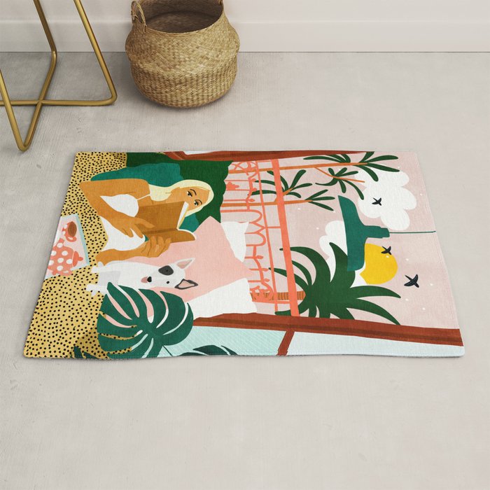 Pet Pals, Animals Lovers Illustration, Travel With Pets Modern Bohemian Painting Rug Gallery Image 1