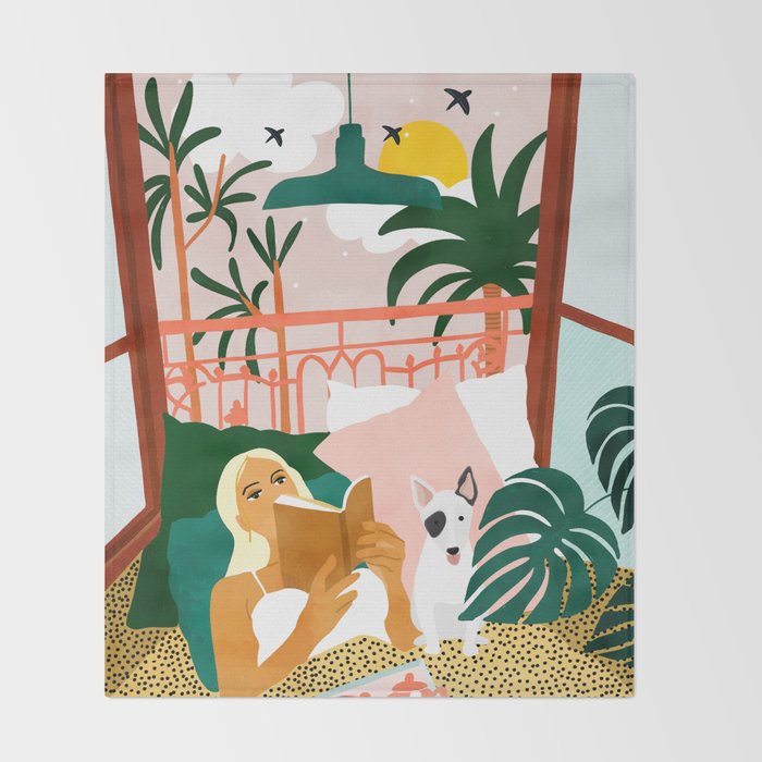 Pet Pals, Animals Lovers Illustration, Travel With Pets Modern Bohemian Painting Throw Blanket Gallery Image 2